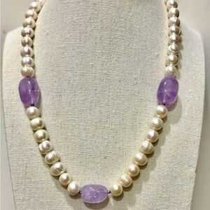 White Pearl Amethyst Quartz Necklace 925 Sterling Silver Clasp marked GSJ